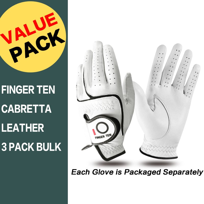 FINGER TEN Menâ€™s Golf Gloves Right Handed Left Hand Value 3 Pack, Cabretta Leather Grip Fit Small Medium Large XL XXL 2XL (Natural White, Cadet Medium, Left) - Image 2